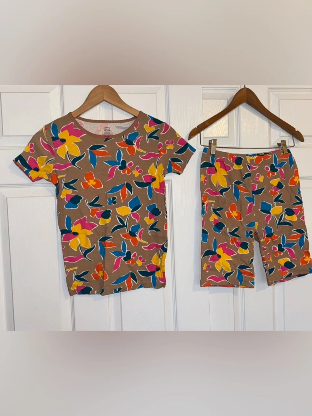 Carter's Floral Short-Sleeve 3 PiecePJ Set in Tan with Multicolor Blooms Size 14